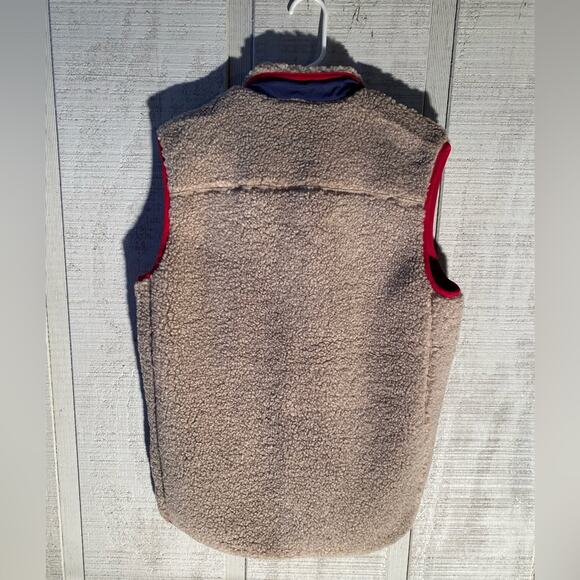 Orvis Men's size Medium Tan Red Blue Sherpa Zip-Up Vest Gorpcore Outdoor Warm - Picture 2 of 7